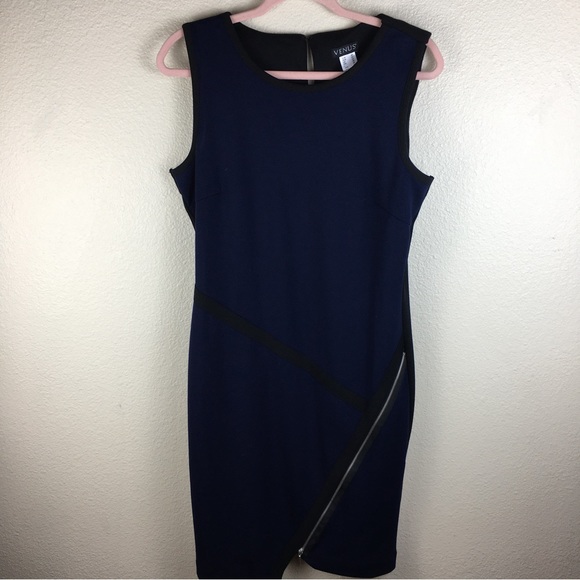 Venus Women's Navy Blue Black Asymmetrical Zip & Hem Sleeveless Dress Size 14 - Picture 1 of 11